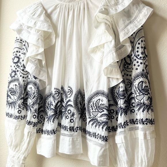 ULLA JOHNSON White Black Annetta Ruffle Embroidered Top Sz 2 - Picture 7 of 16
